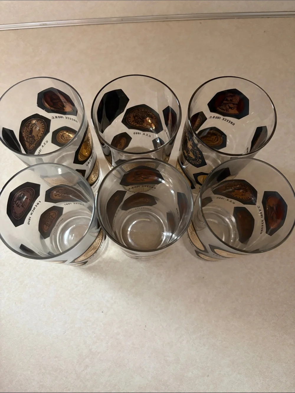 Vintage Libbey Gold Coins of the World Highball Glasses, Set of 6